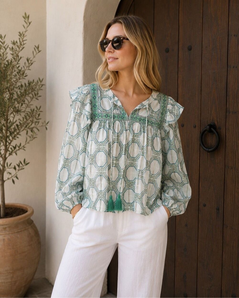 NWT Victoria Dunn Green Geo Print Cotton Tassel Blouse | Long Sleeve Resort Top,